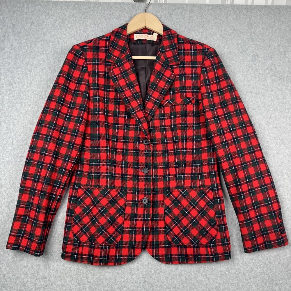 VTG Pendleton Blazer Womens 14 Red Plaid Virgin Wool 3 Button Jacket Academia